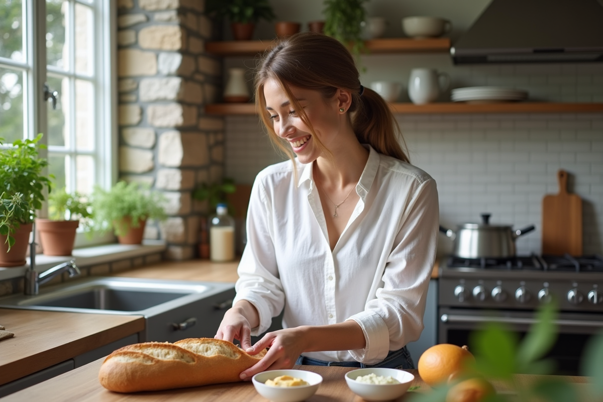 Femme souriante préparant une baguette dans sa cuisine lumineuse