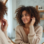Femme aux cheveux bouclés appliquant un masque capillaire dans une salle de bain moderne