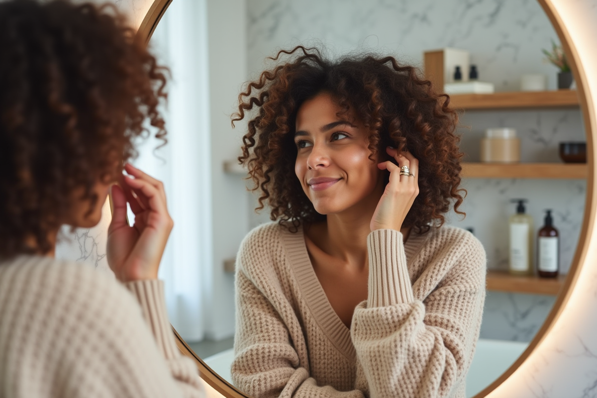 Femme aux cheveux bouclés appliquant un masque capillaire dans une salle de bain moderne