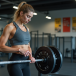 Jeune femme sportive vérifiant des poids en salle de gym