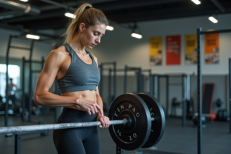 Jeune femme sportive vérifiant des poids en salle de gym