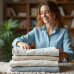 Jeune femme souriante touchant des chemises en coton et bambou