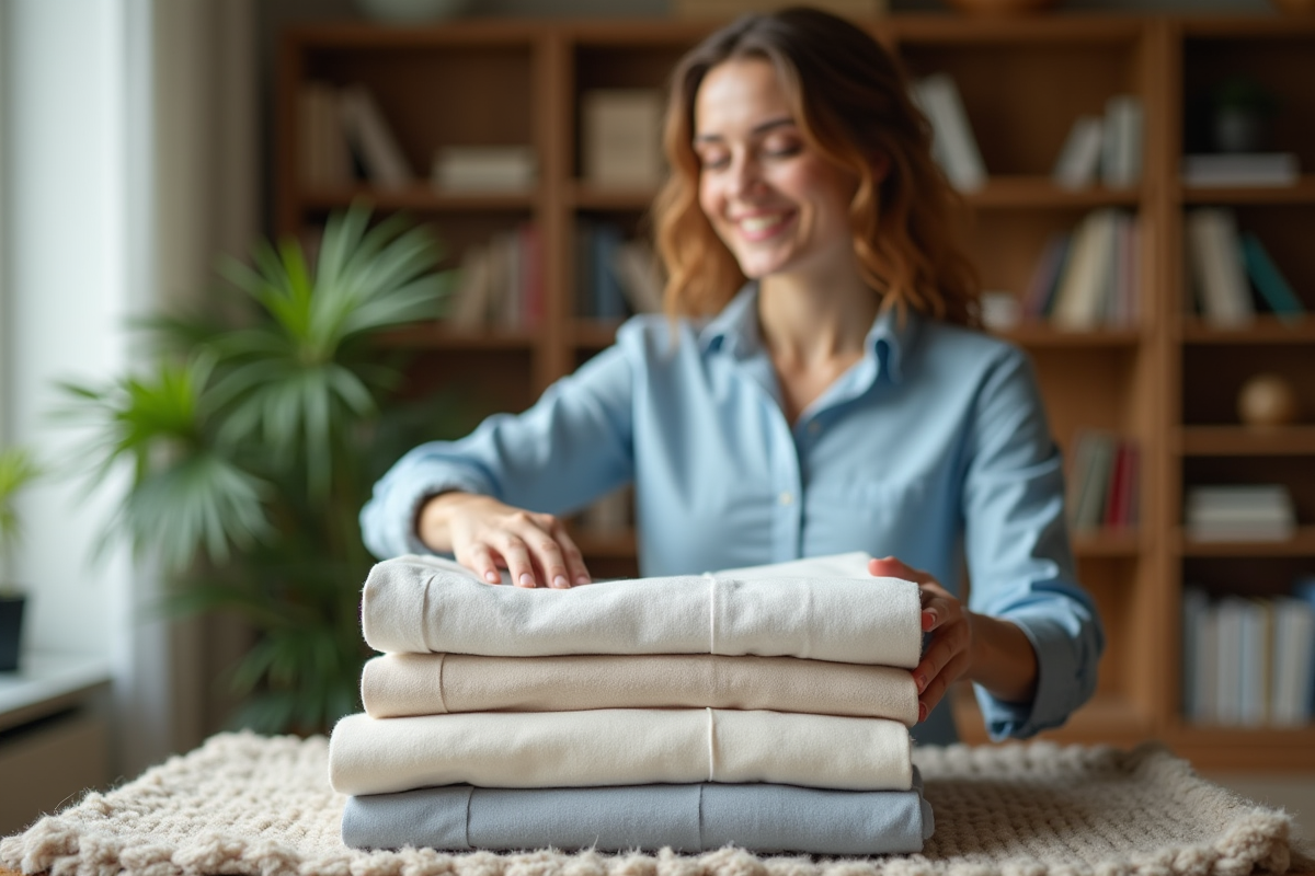 Jeune femme souriante touchant des chemises en coton et bambou