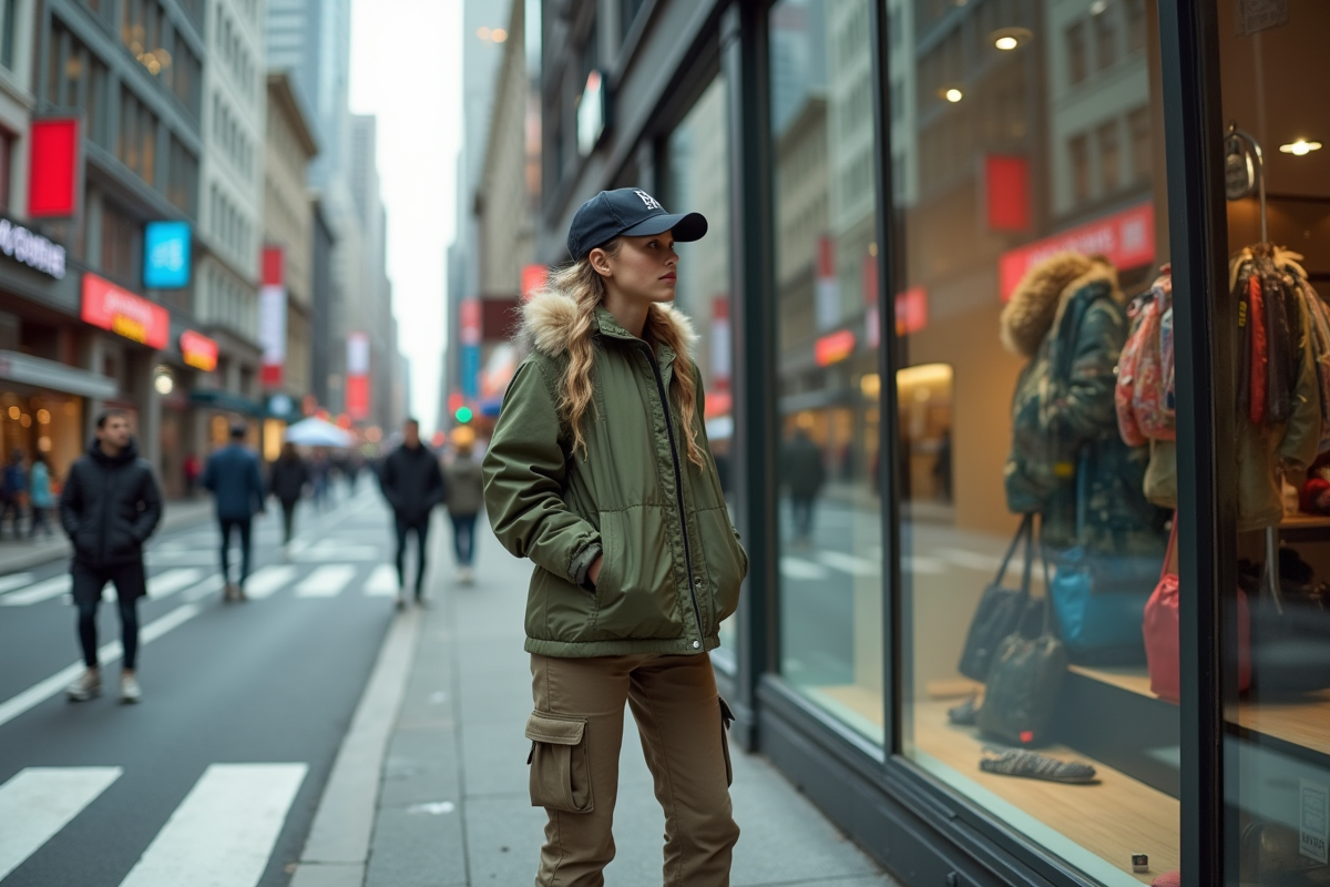 Jeune femme en street style traversant une rue animée