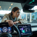 Femme examinant le tableau de bord d'une voiture électrique moderne