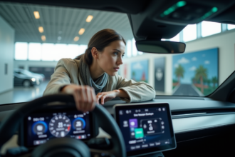Femme examinant le tableau de bord d'une voiture électrique moderne