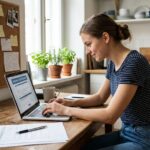 Jeune femme remplissant un formulaire d'emploi saisonnier à la maison