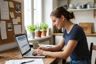 Jeune femme remplissant un formulaire d'emploi saisonnier à la maison