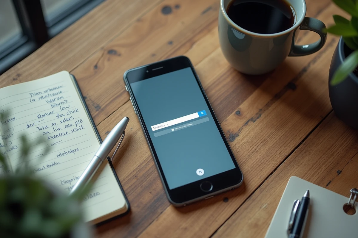 Vue aérienne d'un bureau avec smartphone affichant un moteur de recherche vidéo, notes manuscrites et carnet