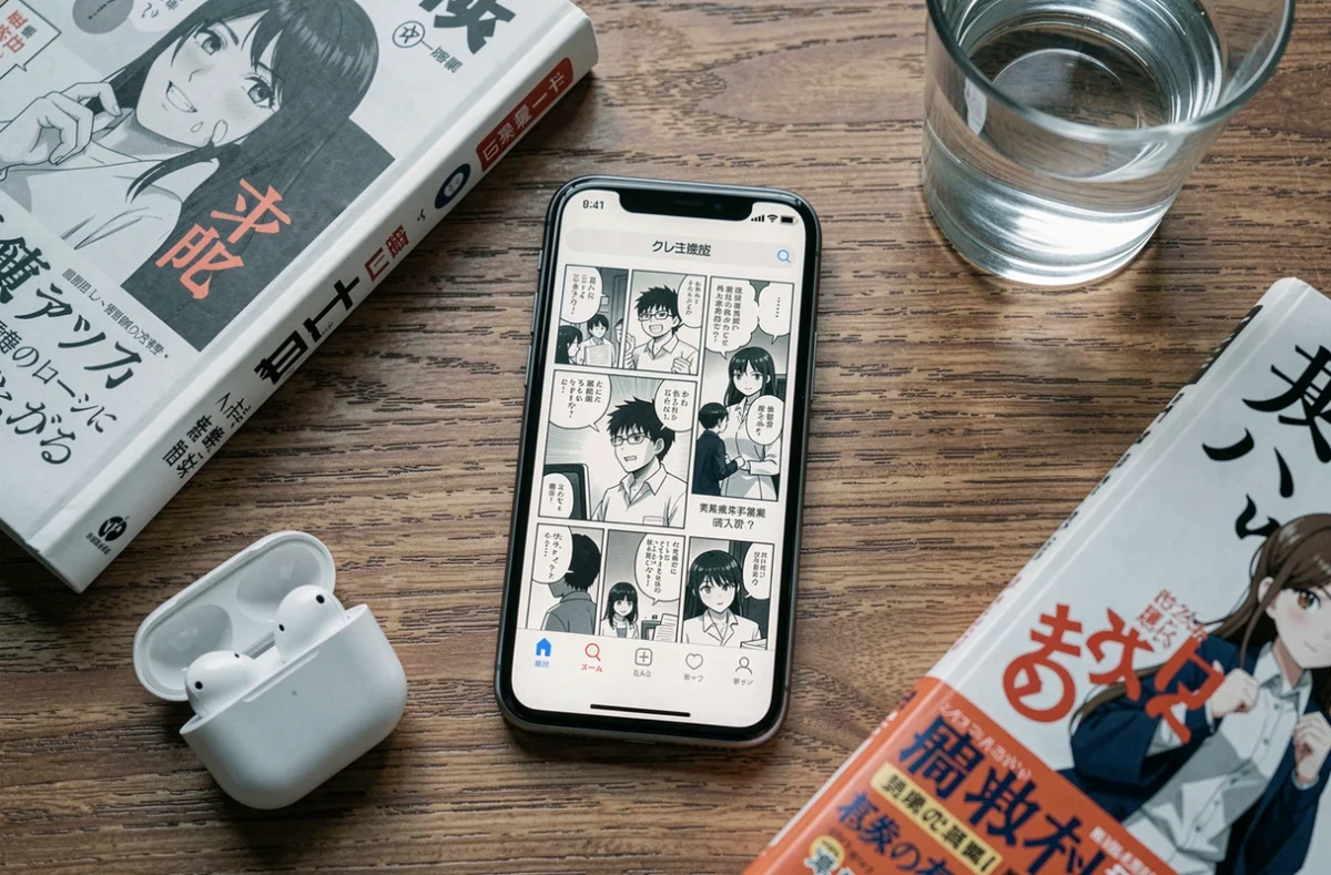 Flat-lay d'un smartphone affichant une interface de lecture de scans manga entouré de volumes de BD sur un bureau en bois