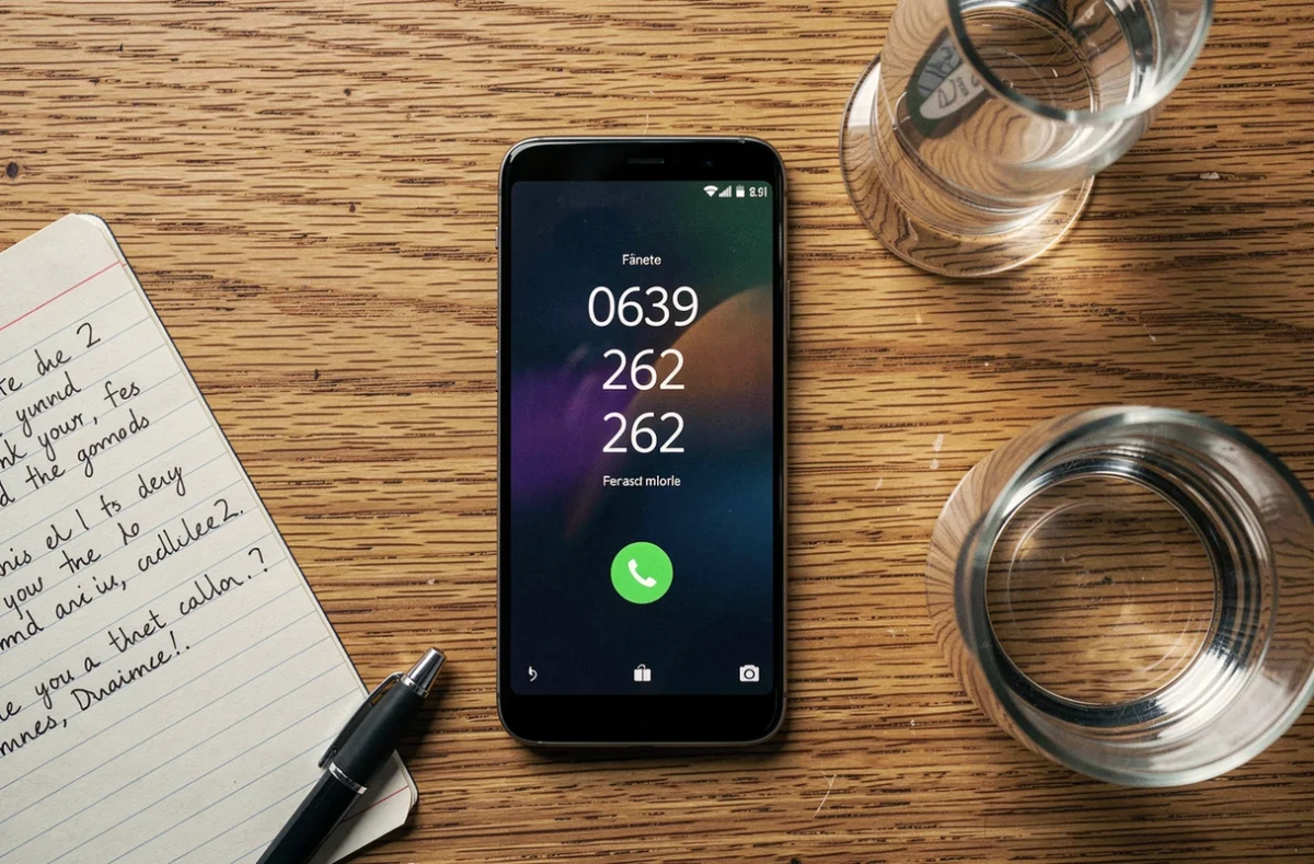 Vue de dessus d'un smartphone affichant un numéro inconnu 0639 262 avec un carnet de notes sur un bureau en bois