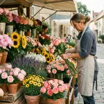Marché aux fleurs animé en Seine-et-Marne avec des bouquets colorés et une fleuriste en tablier de lin