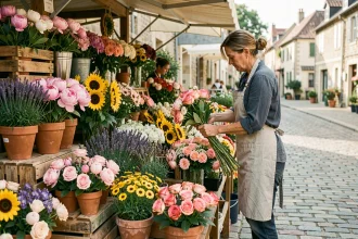 Marché aux fleurs animé en Seine-et-Marne avec des bouquets colorés et une fleuriste en tablier de lin