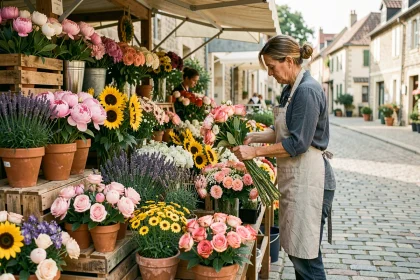 Marché aux fleurs animé en Seine-et-Marne avec des bouquets colorés et une fleuriste en tablier de lin