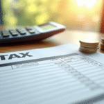 Formulaire fiscal français sur un bureau en bois avec calculatrice et pièces d'euros