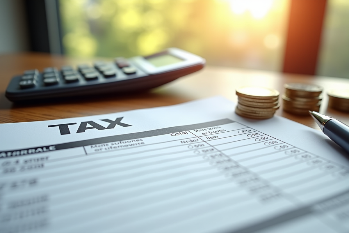 Formulaire fiscal français sur un bureau en bois avec calculatrice et pièces d'euros