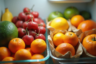 Fruits frais colorés dans un réfrigérateur lumineux