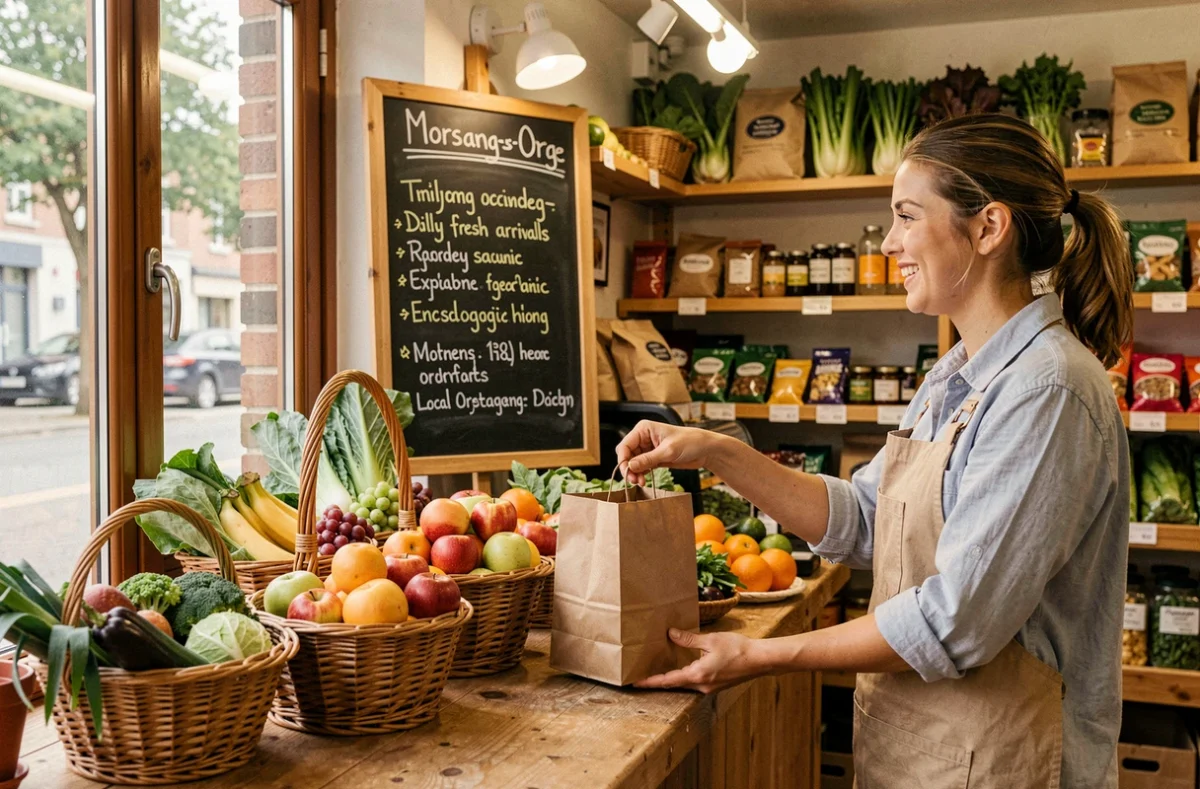 Boutique bio Grain de Vie à Morsang-sur-Orge avec une vendeuse souriante et des paniers de fruits et légumes locaux