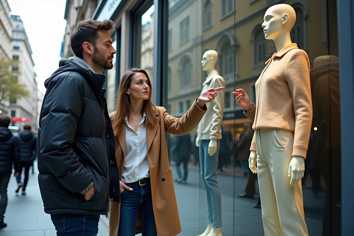 Trois personnes regardant un mannequin digital en ville