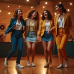 Groupe d'adultes dansant ensemble sur une piste en bois lors d'une soirée festive, mix de styles musicaux actuels et classiques