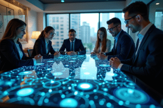 Groupe de professionnels autour d'une table digitale avec réseau blockchain