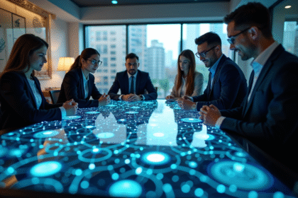 Groupe de professionnels autour d'une table digitale avec réseau blockchain