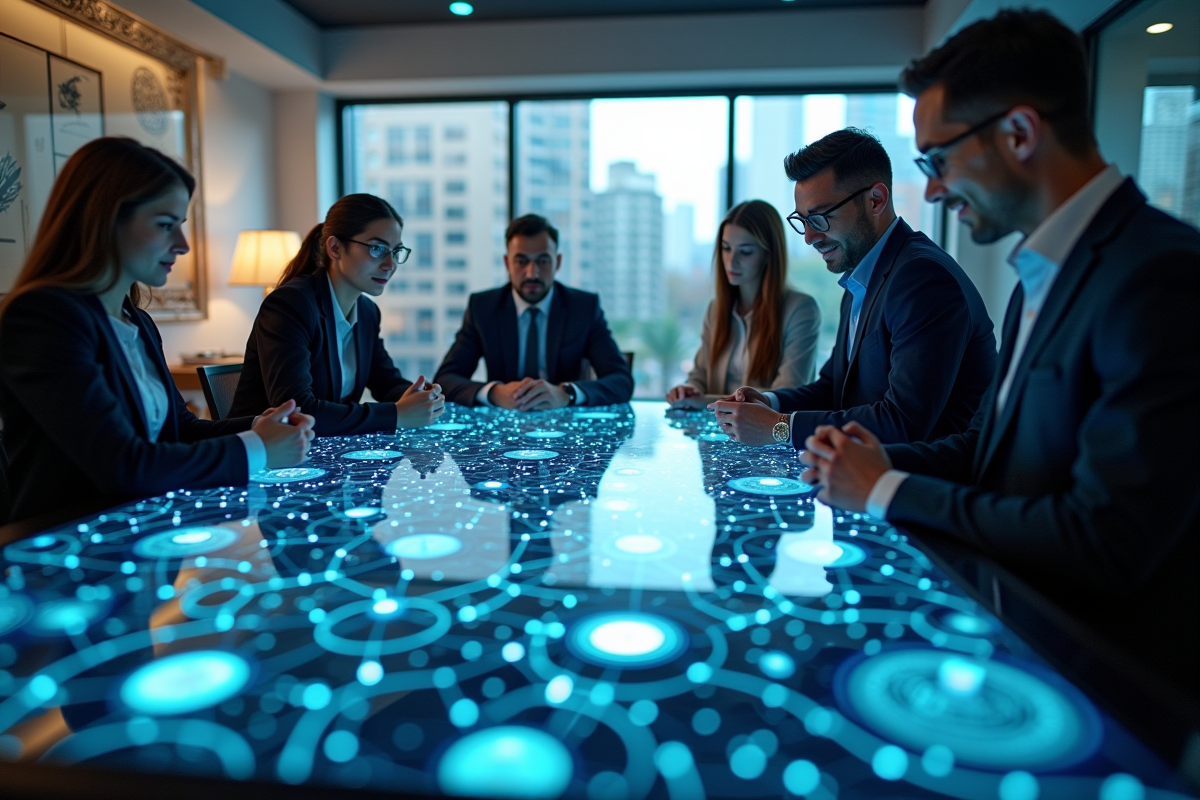 Groupe de professionnels autour d'une table digitale avec réseau blockchain
