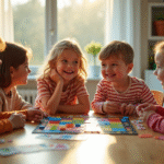 Enfants jouant à un jeu de société coloré dans un salon lumineux