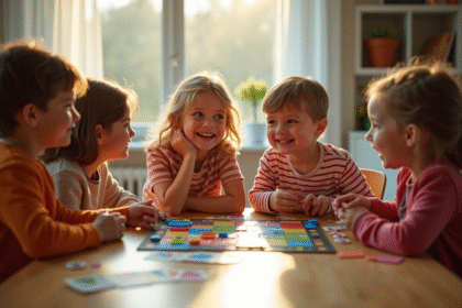 Enfants jouant à un jeu de société coloré dans un salon lumineux