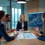 Groupe de professionnels autour d'une conférence blockchain