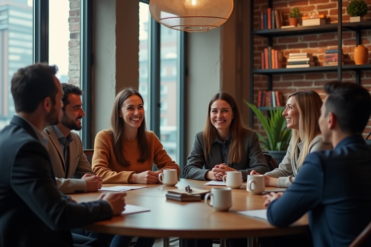 Groupe de professionnels discutant autour d