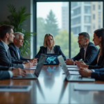 Groupe de professionnels en réunion autour d'une table avec diagrammes AI