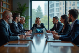 Groupe de professionnels en réunion autour d'une table avec diagrammes AI