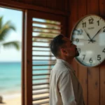 Homme regardant une horloge murale dans un bureau de Nouvelle-Calédonie avec vue sur le lagon