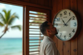 Homme regardant une horloge murale dans un bureau de Nouvelle-Calédonie avec vue sur le lagon