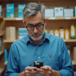 Homme d'âge moyen dans une boutique de fournitures de bureau examinant une cartouche d'encre