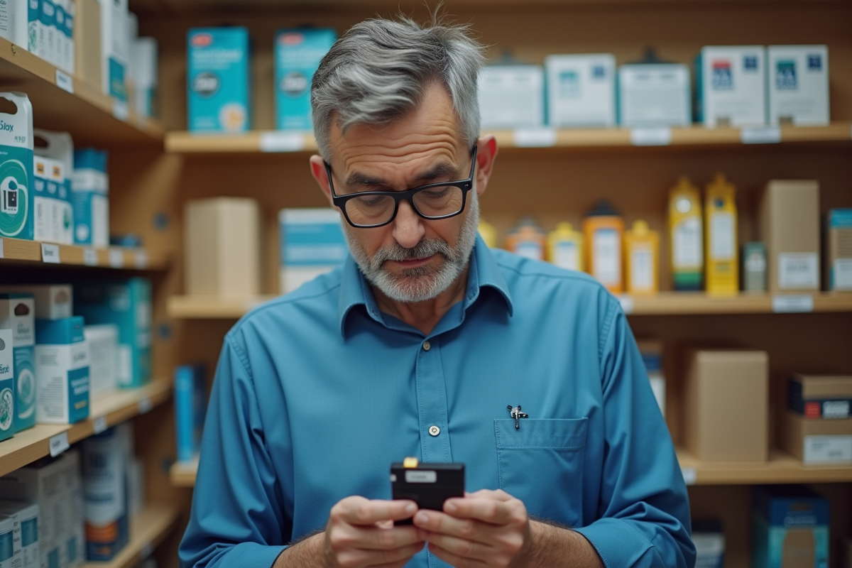 Homme d'âge moyen dans une boutique de fournitures de bureau examinant une cartouche d'encre