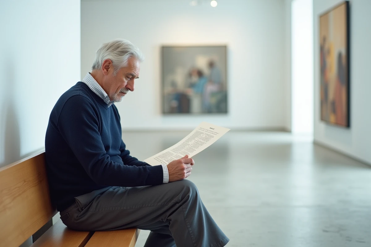 Homme assis sur un banc de musée consultant une liste de peintres célèbres imprimée