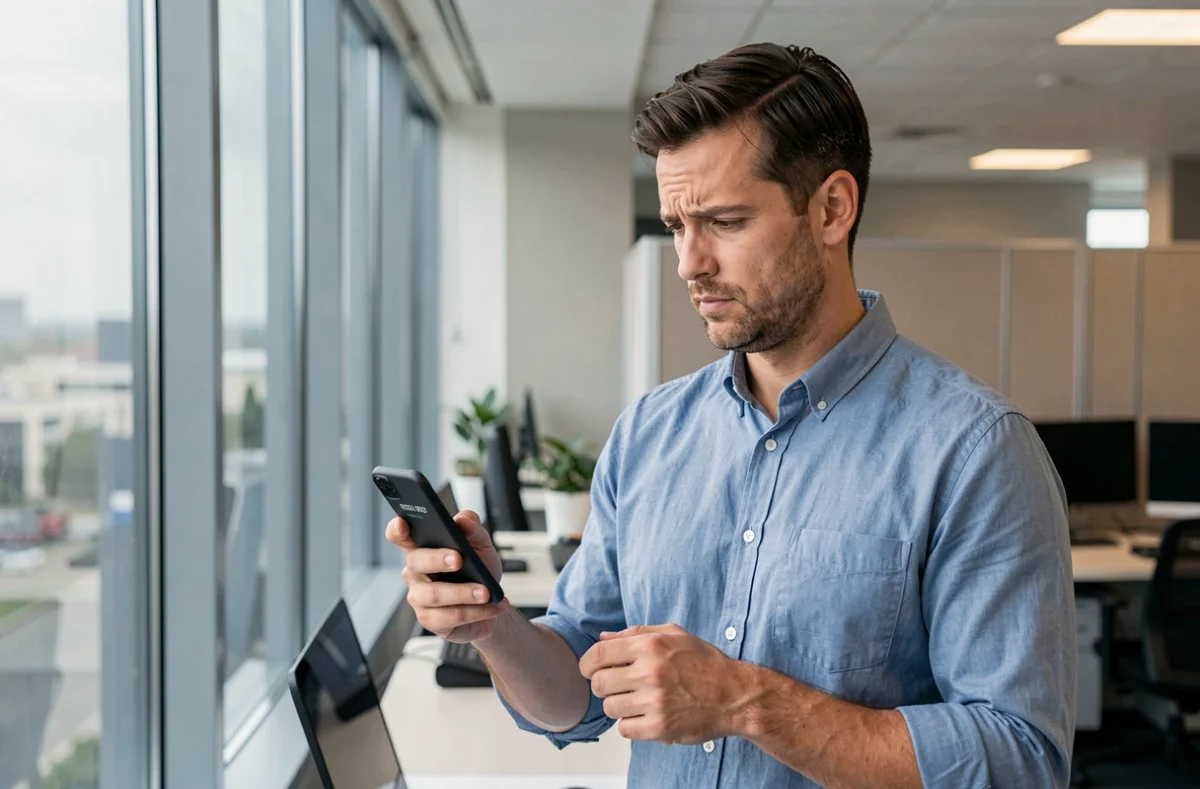 Homme en bureau regardant un numéro de téléphone inconnu 0262 sur son smartphone
