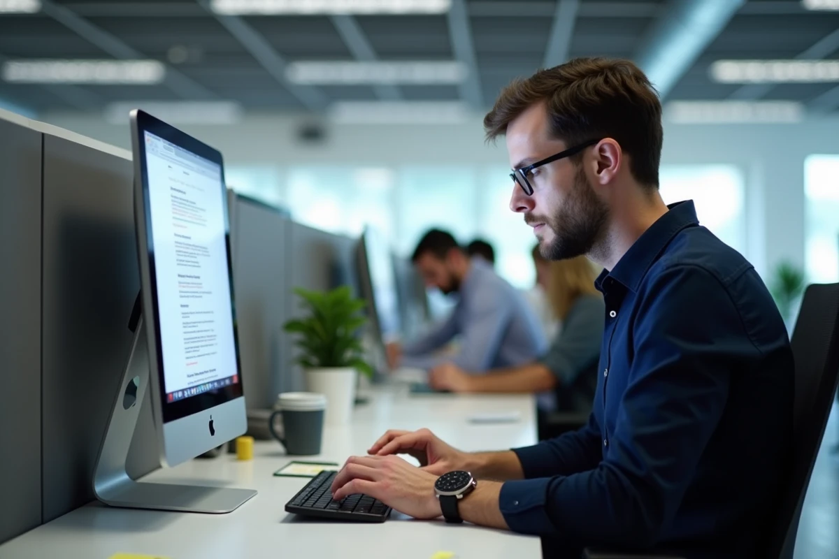 Homme en bureau cherchant à retrouver un site officiel fiable sur un moteur de recherche
