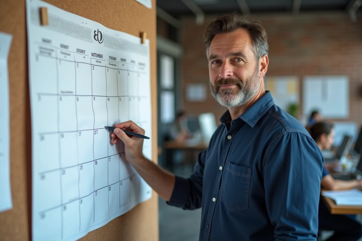 Homme pointant les numéros de semaines paires et impaires sur un calendrier mural 2026 en bureau professionnel