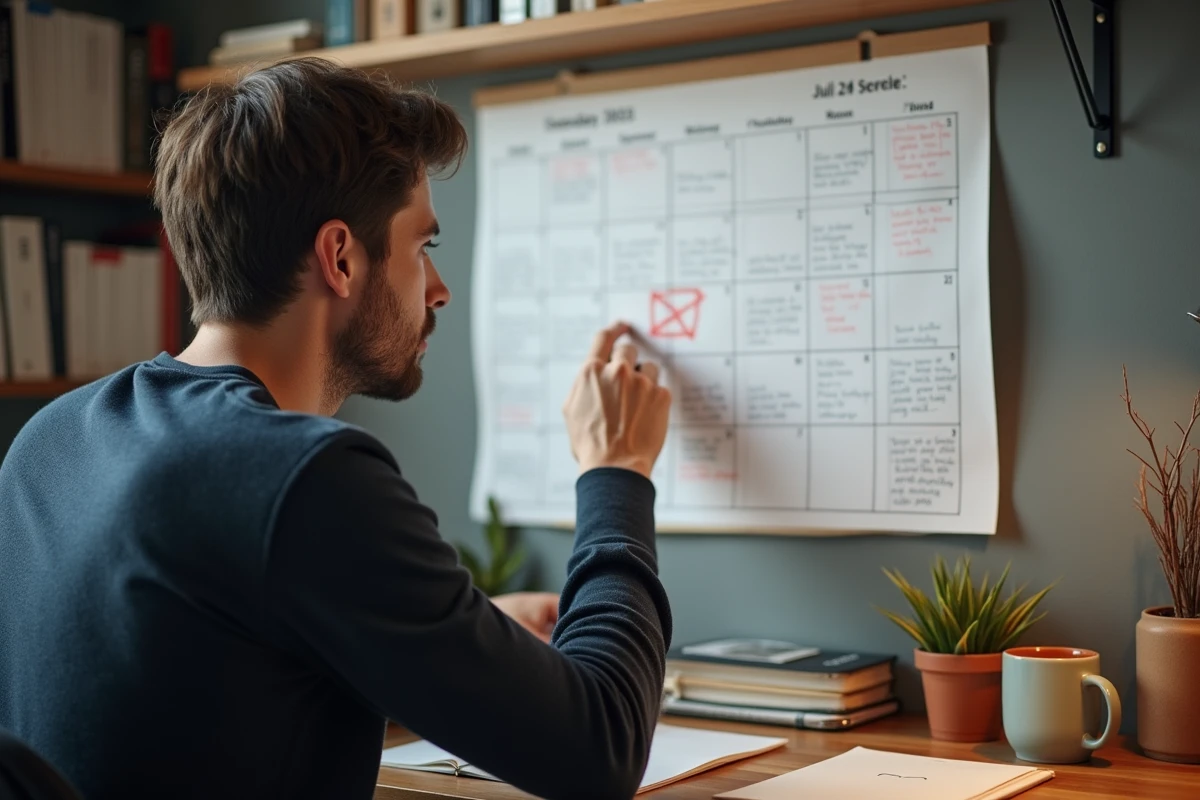 Homme consultant un calendrier mural pour ne pas rater les fêtes des prénoms à venir