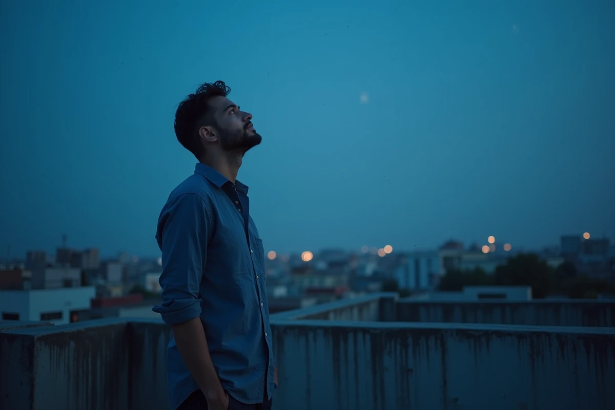 Homme contemplatif sur un toit observant un ciel étoilé au crépuscule, évoquant la méditation astrologique