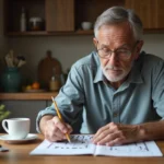 Homme d'âge moyen concentré sur un puzzle dans la cuisine