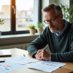 Homme d'âge moyen examinant contrats de location et tableau