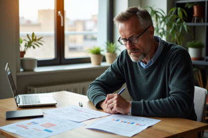 Homme d'âge moyen examinant contrats de location et tableau