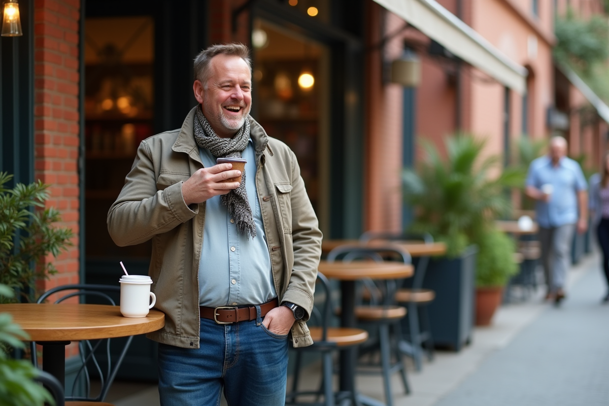 Homme riant en buvant un café en extérieur