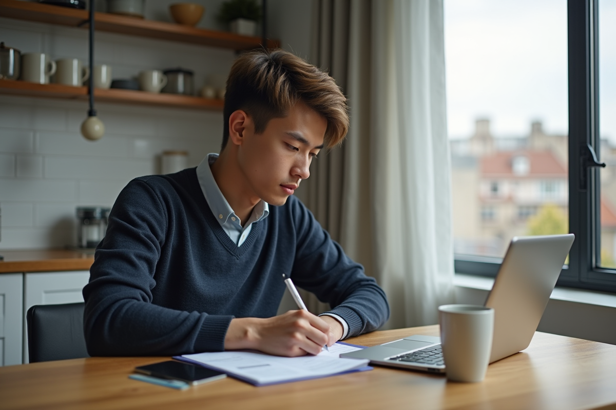 Jeune homme à la maison en train de travailler sur son ordinateur