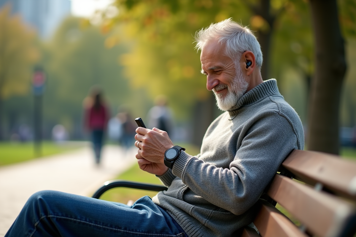 Homme âgé écoute de la musique dans un parc en ville