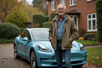 Homme d'âge moyen près d'une voiture électrique dans un jardin
